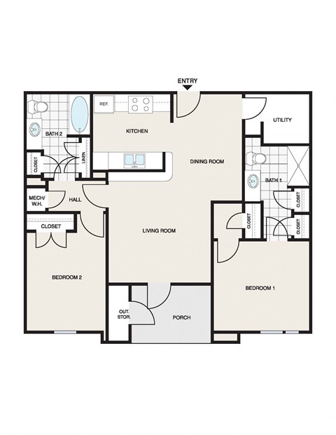 Floor plan for 2 beds, 1 bath, 1008 sqft